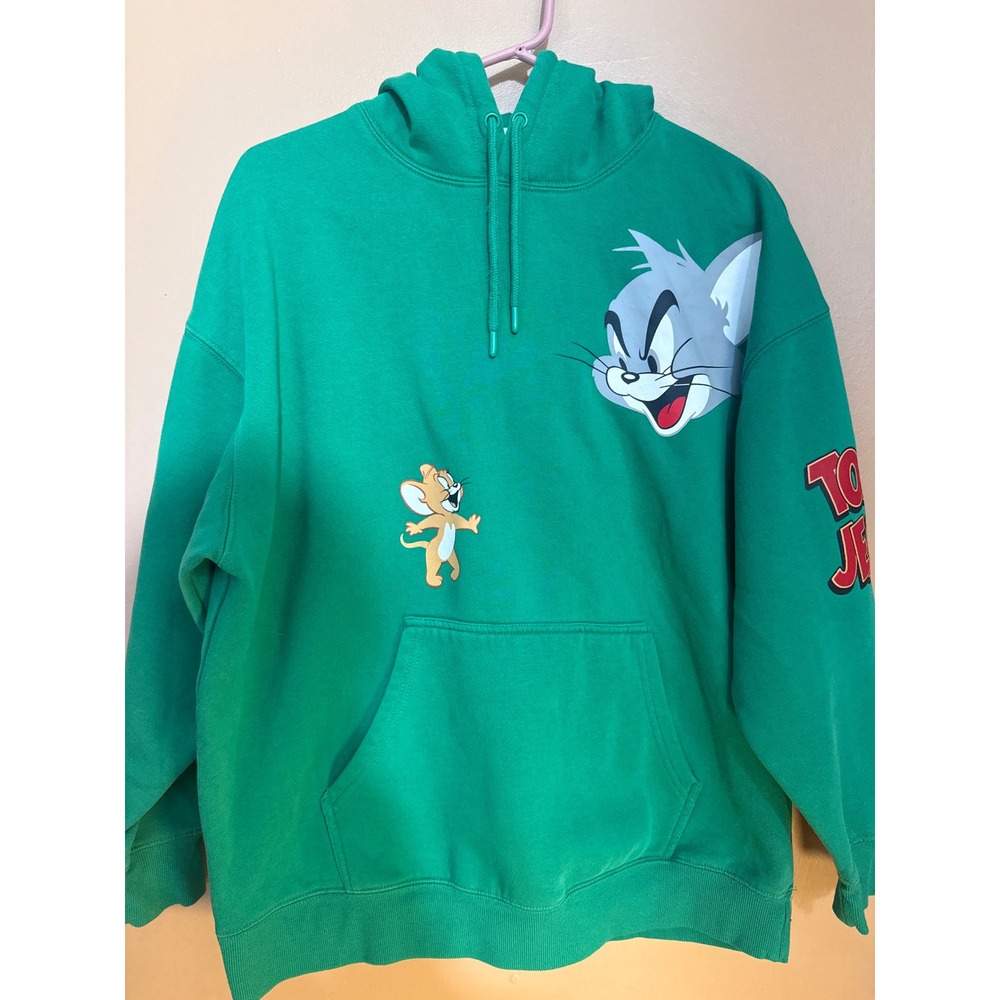 Tom and‎ Jerry Green Graphic Hoodie Sweatshirt Cartoon Logo Mens Small
